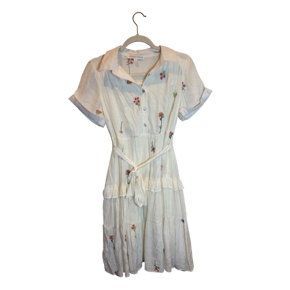 Figueroa + Flower White Embroidered Floral Tiered Shirt Dress Size Petite Medium